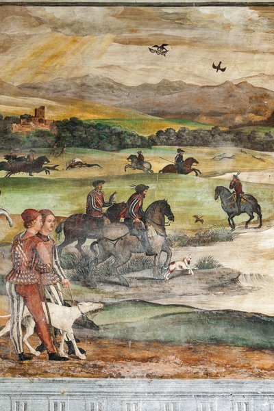 Jagtscene, detalje fra Christian I af Danmarks besøg i Bartolomeo Colleoni, Æreshallen af Marcello or Romani Girolamo (Romanino) (c.1485 c.1566) (attr.to) Fogolino