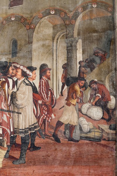 Jagtscene, detalje fra Christian I af Danmarks besøg i Bartolomeo Colleoni, Æreshallen af Marcello or Romani Girolamo (Romanino) (c.1485 c.1566) (attr.to) Fogolino
