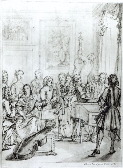 Koncert i Montague House, 1736 (pen og blæk over blyant på papir) af Marcellus the Younger Laroon