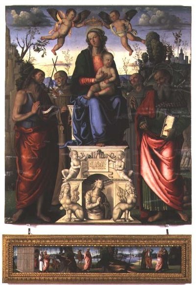 Madonna og barn med St. Johannes Døberen, St. Bernardino af Siena og Skt. Hieronymus (panel) af Marco (attr. to) Meloni