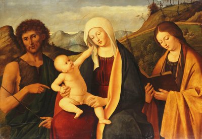 Madonnaen og barnet, med Johannes Døberen og en kvindelig helgen, af Marco Basaiti