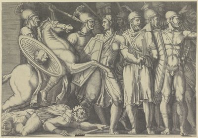 Trajan kæmper med Dacians af Marco Dente (attributed to)