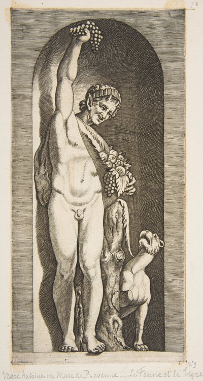 En faun, der står i en niche og holder en klase vindruer med højre hånd og ..., ca. 1515-27. af Marco Dente