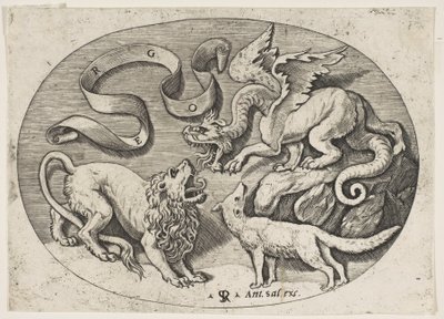 En løve, drage og ræv kæmper mod hinanden, en indskrevet banderole ovenover, en oval c..., ca. 1515-27. af Marco Dente