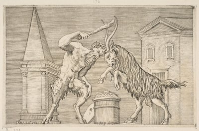En satyr og en vædder angriber hinanden, satyren svinger en kølle med sin højre ha..., ca. 1515-27. af Marco Dente