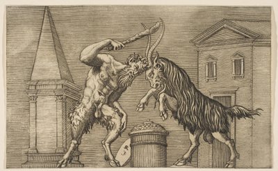 En satyr og en vædder angriber hinanden, satyren svinger en kølle med sin højre ha..., ca. 1515-27. af Marco Dente