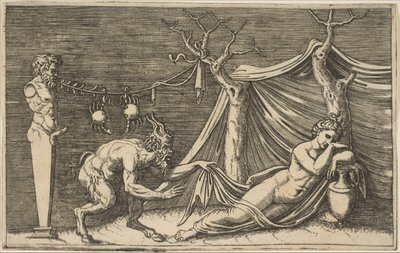 En satyr opdager en sovende kvinde, to krabber hængende i et reb, der er spændt..., ca. 1515-27. af Marco Dente