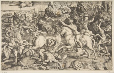 Kampscene i et landskab med soldater til hest og flere faldne mænd, en anden..., ca. 1520. af Marco Dente