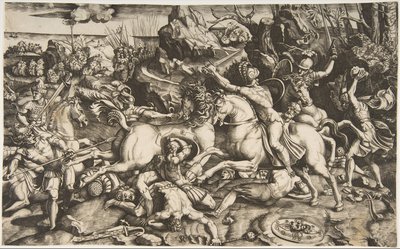 Kampscene i et landskab med soldater til hest og flere faldne mænd, en anden..., ca. 1520. af Marco Dente