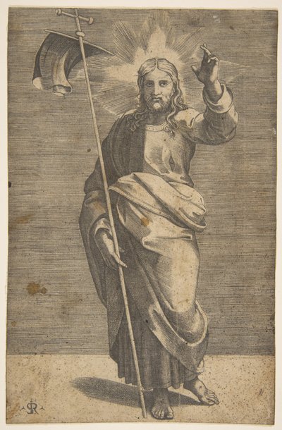 Kristus står fremadvendt, holder et kors med et banner og løfter sin venstre ..., ca. 1515-27. af Marco Dente