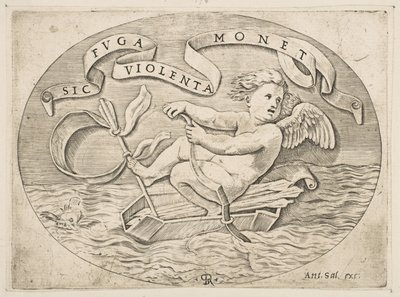Eros Undslipper ad søvejen, Amor bruger sin bue til at fremdrive en båd lavet af hans kogger med..., ca. 1515-27. af Marco Dente