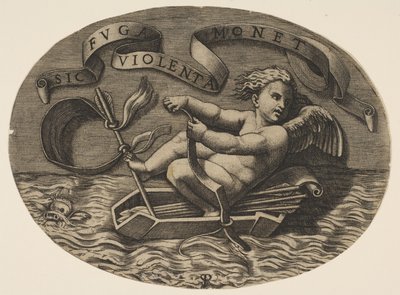 Eros undslipper ad søvejen ved at bruge sin stævn til at fremdrive en båd lavet af hans kogger med en ar..., ca. 1515-27. af Marco Dente
