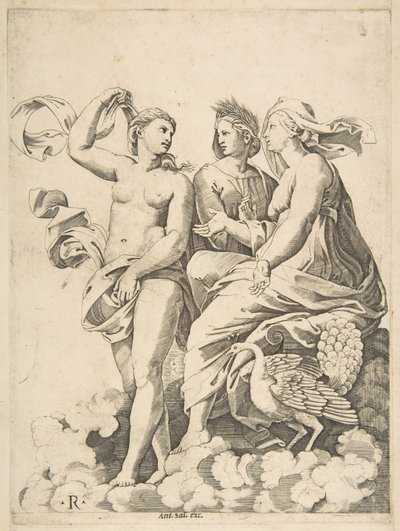 Juno, Ceres og Psyche i skyerne i samtale, Juno sad med en påfugl ved hende..., ca. 1515-27. af Marco Dente
