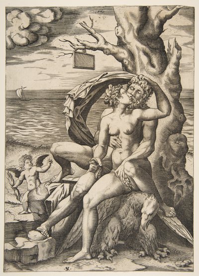 Jupiter og Semele omfavner, en ørn under dem, et træ til højre med en blank t..., ca. 1515-27. af Marco Dente