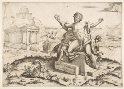 Laocoön og hans to sønner bliver angrebet af slanger på en piedestal, et tempel til Mi..., ca. 1515-27. af Marco Dente