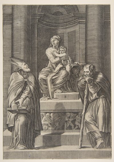 Sankt Josef til venstre og en biskop til højre stående foran Jomfruens alter ..., ca. 1515-27. af Marco Dente