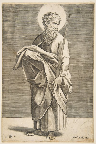 Sankt Paul ser til højre og holder et sværd og en bog, ca. 1515-27. af Marco Dente