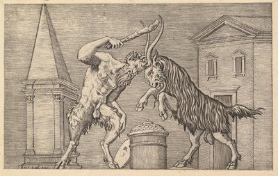 Mirror of Roman Magnificence: A Satyr and a Ram Clashing, 1500-tallet. af Marco Dente