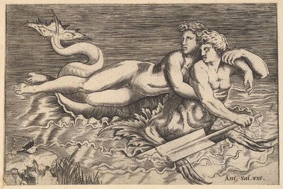The Mirror of Roman Magnificence: A Triton Carrying off a Nymph, 1500-tallet. af Marco Dente