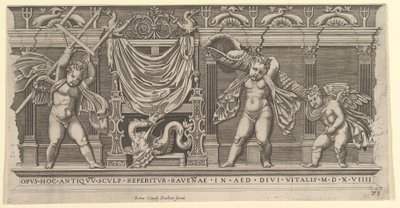 Mirror of Roman Magnificence: Bas-relief med tre amoriner, 1519. af Marco Dente