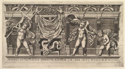 The Mirror of Roman Magnificence: Bas-relief med tre amoriner, 1519 af Marco Dente