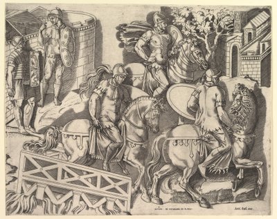 Mirror of Roman Magnificence: Romerske ryttere krydser en bro fra Trajans C..., 1500-tallet. af Marco Dente