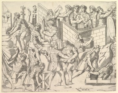 Romerske soldater, der befæster deres lejr, fra Trajan..., 1500-tallet. af Marco Dente