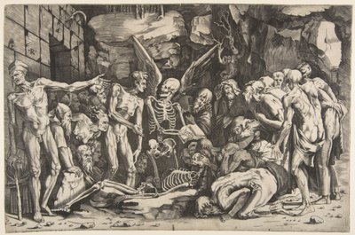 Skeletterne, en gruppe afmagrede mænd og kvinder samlet omkring et skelet lagt på ..., 1515-27. af Marco Dente