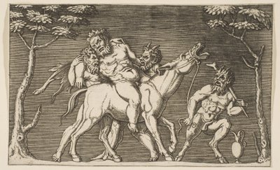 To satyrer placerer Silenus på et muldyr og en tredje satyr til højre, ca. 1515-27. af Marco Dente