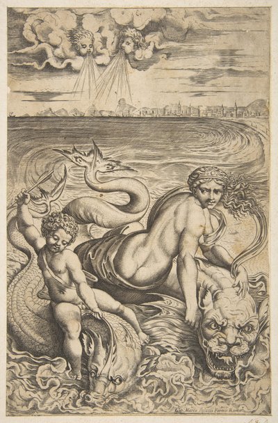 Venus og Amor rider på to havmonstre, Amor hæver en pil i sin højre hånd, t..., ca. 1515-27. af Marco Dente
