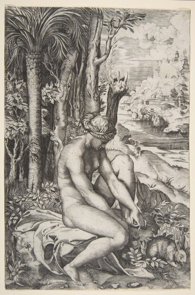 Venus fjerner en torn fra sin venstre fod, mens hun sidder på et klæde ved siden af træer, en ..., ca. 1515-27. af Marco Dente