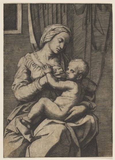 Jomfru, der ammer spædbarnet Kristus på skødet, 1515-20. af Marco Dente