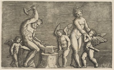 Vulcan siddende hamrende på en ambolt flankeret af Venus og tre amoriner, ca. 1515-27. af Marco Dente