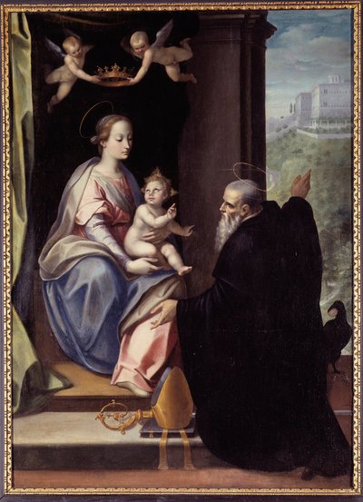 Sankt Benedikt forpligter klosteret Montecassino til Jesus og Maria Maleri af Marco Mazzaroppi af Marco Mazzaroppi