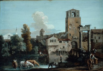 En Capriccio med heste, der vander i en flod uden for en bymur af Marco Ricci
