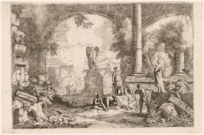 Capriccio af antikke ruiner med mænd, der stirrer på en klassisk taler af Marco Ricci