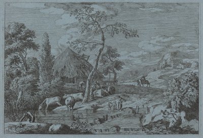 Kvæg og figurer ved en gårdstrøm af Marco Ricci