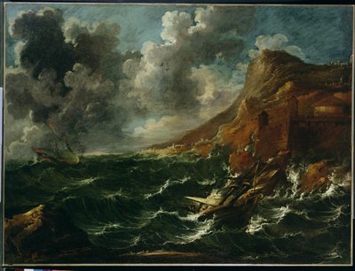 Ships in a Gale, ca. 1705-08 (olie på lærred) af Marco Ricci