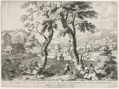 Udsigt over en landsby med figurer i forgrunden af Marco Ricci