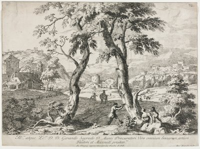Udsigt over en landsby med figurer i forgrunden, 1723. af Marco Ricci