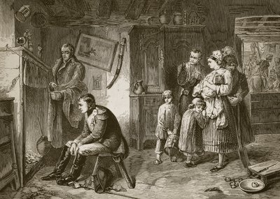 Napoleon søger hvile i et sommerhus langs vejen efter sit nederlag ved Waterloo, indgraveret af J.D. Cooper af Marcus Stone