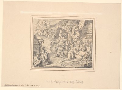 Allegorisk blad med den drukne Silen og andre mytologiske og allegoriske figurer ved en sarkofag med indskriften: "Sepulcrum pudicitiae mortae" af Marcus Tuscher
