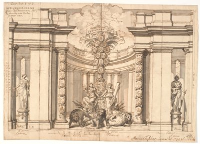 Det indre af et tempel med det danske våben og de oldenborgske kongers stamtræ af Marcus Tuscher