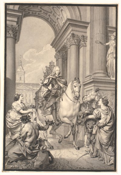 Forarbejde til maleriet: Danmark og Norge hylder Chr. VI (brændt med Christiansborg 1794) af Marcus Tuscher