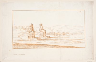 Illustration til "Tegninger af nogle ruiner og kolossale statuer ved Theben i Egypten med en beretning om berømmelsen i et brev til Royal Society", London 1741 af Marcus Tuscher