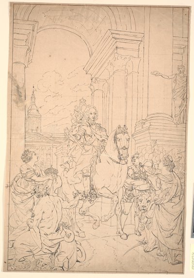 Udkast til maleriet: Danmark og Norge hylder Chr. VI (brændt med Christiansborg 1794) af Marcus Tuscher