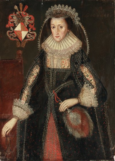 Portræt af Lady Eleanor Dutton, trekvart længde, i elegant kjole, stående ved siden af en stol påskrevet med våbenskjold fra Dutton-familien i Cheshire og Gloucestershire af Marcus the Younger Gheeraerts