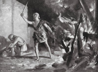 Elamitterne brænder og plyndrer en babylonisk landsby (litografi) af Margaret (after) Dovaston