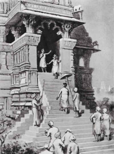 Kirtivarman Chandella besøger sit tempel i Khajurahu, AD 1065 (litografi) af Margaret (after) Dovaston