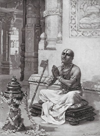 Ramanuja overvejer sin filosofi om den ene personlige gud, AD 1100 (litho) af Margaret (after) Dovaston